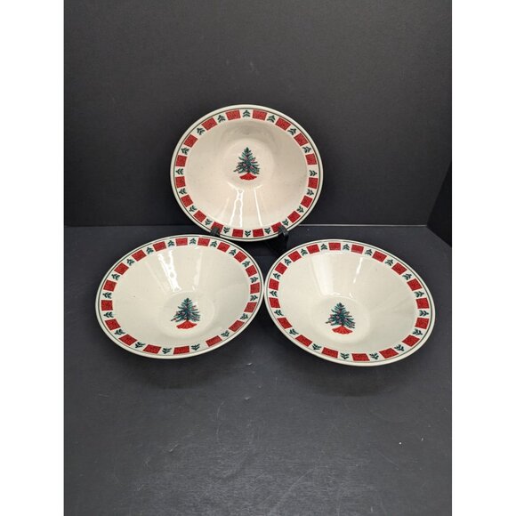 Folk Craft Holiday Stoneware Christmas Tree 7 3/4" Cereal Soup Bowl Lot of 3 - Picture 1 of 8